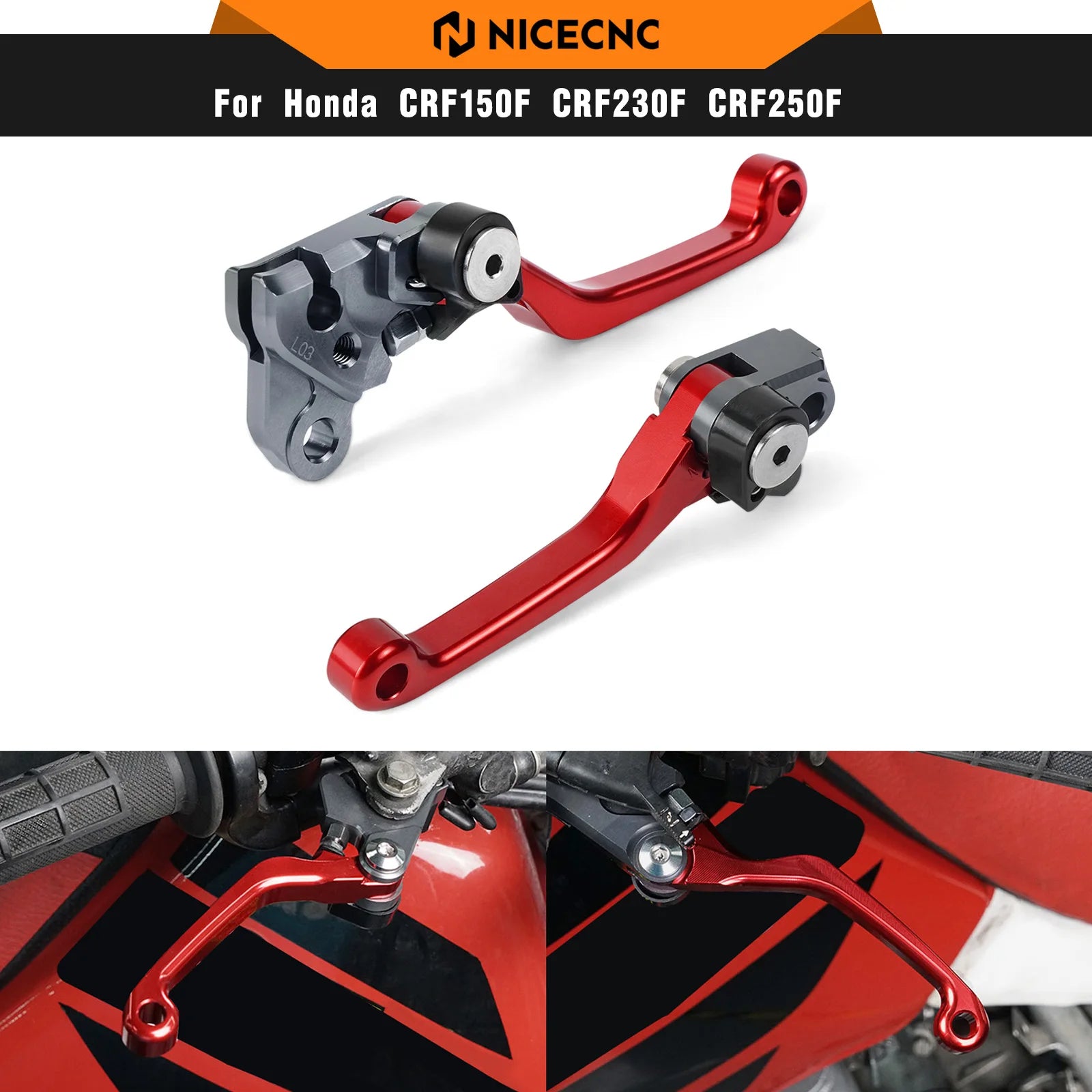 Honda CRF150F / CRF230F 2003–2017 / CRF250F 2019–2021 NICECNC Pivot Brake & Clutch Lever Set – CNC Billet Aluminum – Black / Red – $30