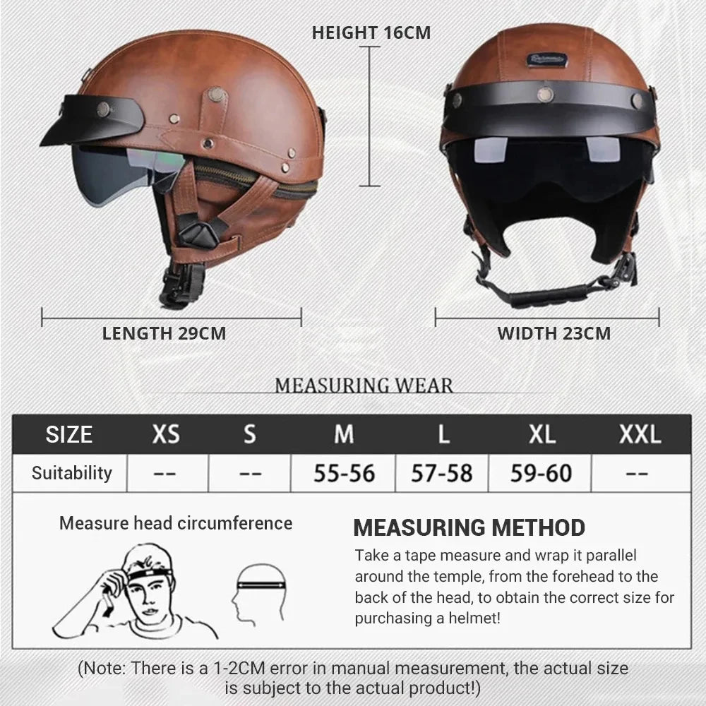 Half Helmets – Retro PU Leather Motorcycle Helmet, HD Visor, All-Season Scooter Helmet for Men & Women