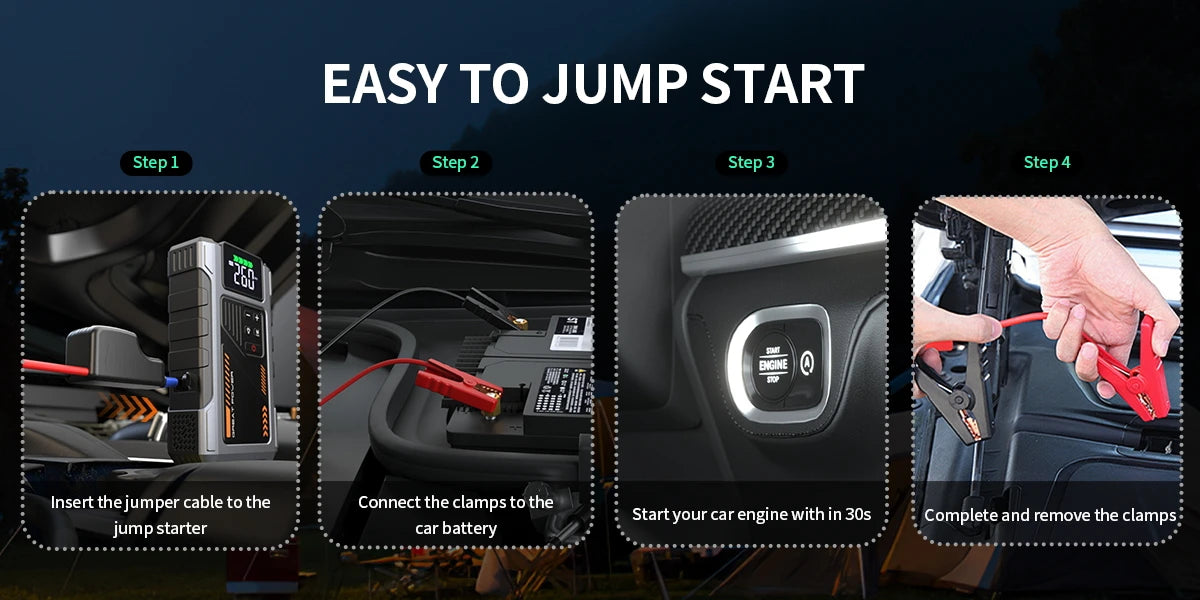 Motorcycle Jump Starter with Air Compressor 3000A Peak 150PSI Tyre Inflator Portable Battery Booster Pack with LED Light 12V