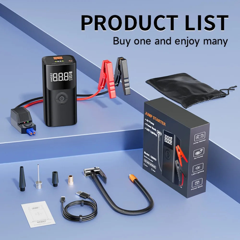 4-in-1 Jump Starter 1000A 12V – Wireless Tire Inflator, LED SOS Light & Power Bank for Car, Motorcycle & Bicycle