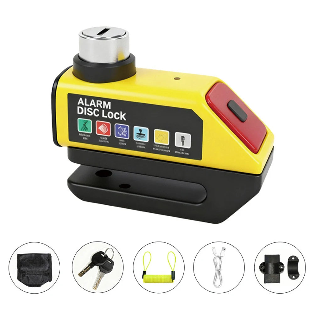 MDUG Motorcycle Alarm Disc Brake Lock 120dB Loud Anti-Theft Security Moto Wheel Disk Padlock Waterproof USB Rechargeable LED Light Bracket – IPX6 – Solo or Set – Blue Red Orange Yellow Black