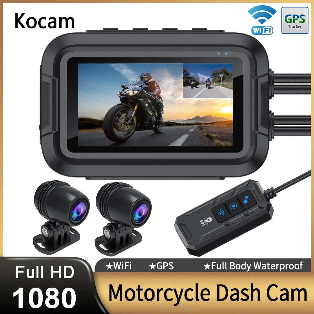 Kocam Dual 1080P Motorcycle Dash Cam IP66 Waterproof 3" IPS WiFi GPS Front Rear Motorcycle Camera DVR Black Box G-Sensor Super Capacitor Remote Control