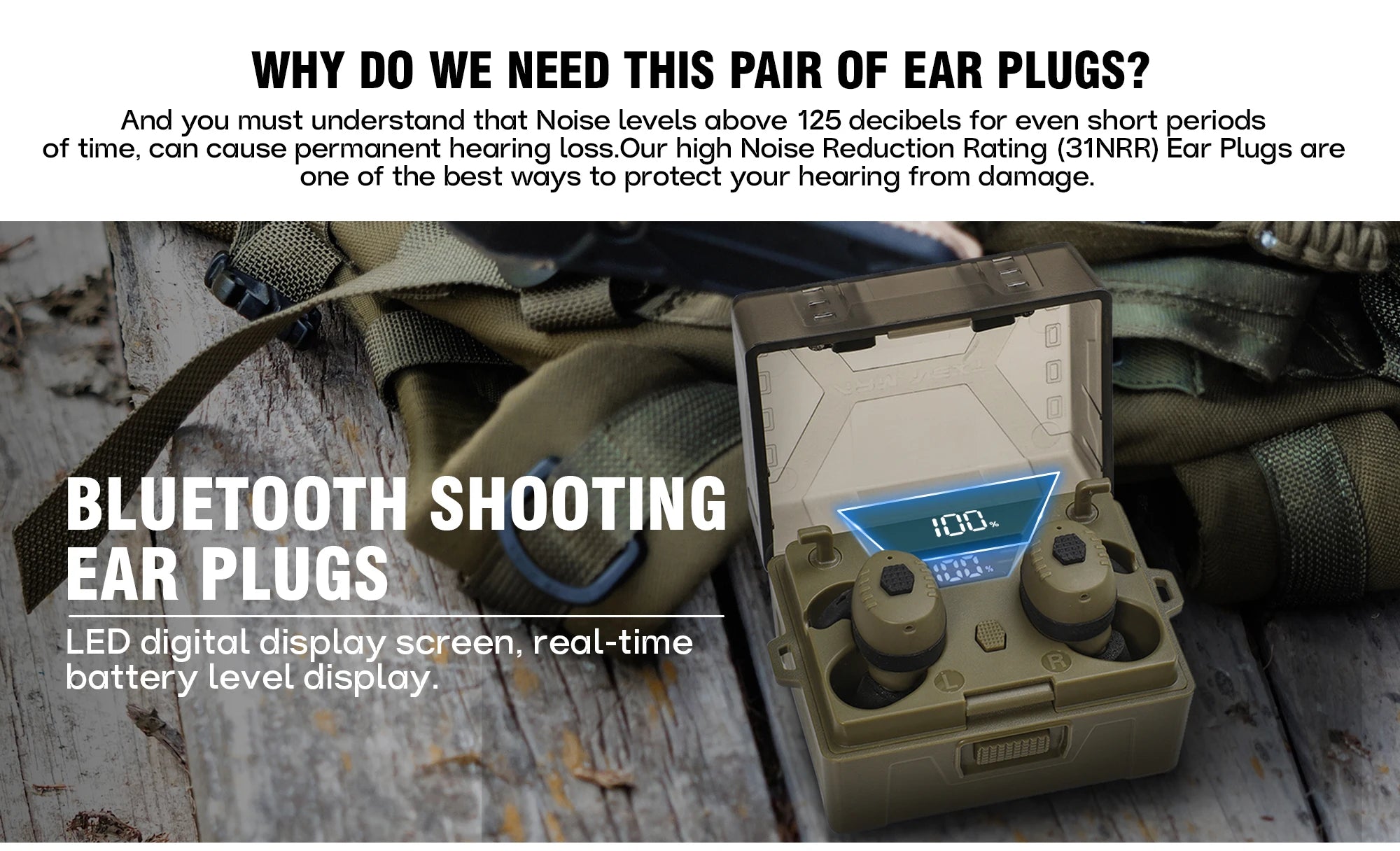 E30 Professional Electronic Shooting Earplugs Advanced Noise Cancelling Hearing Safety Protection Earmuff for Hunting Tactical – CE + FCC Certified – 230g – Desert / Green / Black