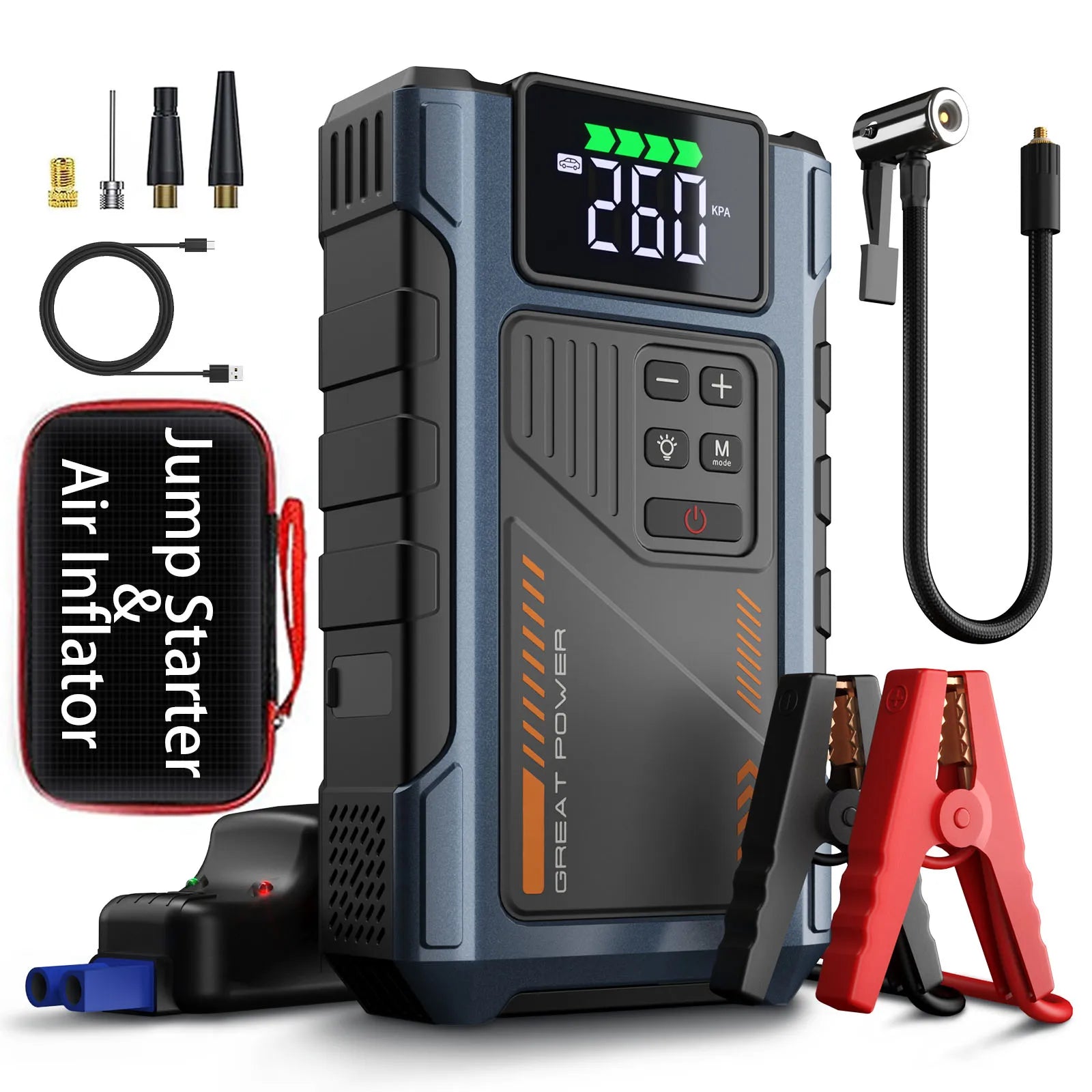 Motorcycle Jump Starter with Air Compressor 3000A Peak 150PSI Tyre Inflator Portable Battery Booster Pack with LED Light 12V