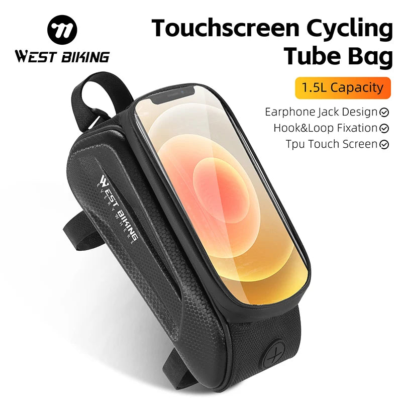 WEST BIKING 1.5L Waterproof Bike Phone Pouch – Touchscreen Top Tube Frame Bag for Up to 7" Phones