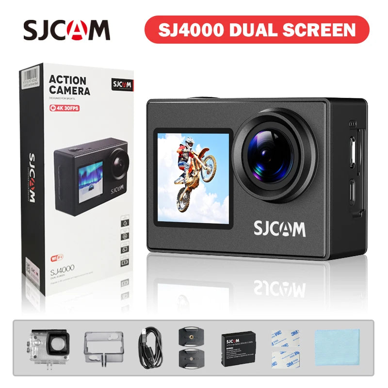 SJCAM SJ4000 Dual Screen 4K 30fps Action Camera 2.0" Rear + 1.3" Front Screen 170° Wide-Angle 30M Waterproof 2.4G WiFi Anti-Shake Car Mode Loop Recording Sports Camera for Motorcycle Bicycle Helmet Diving