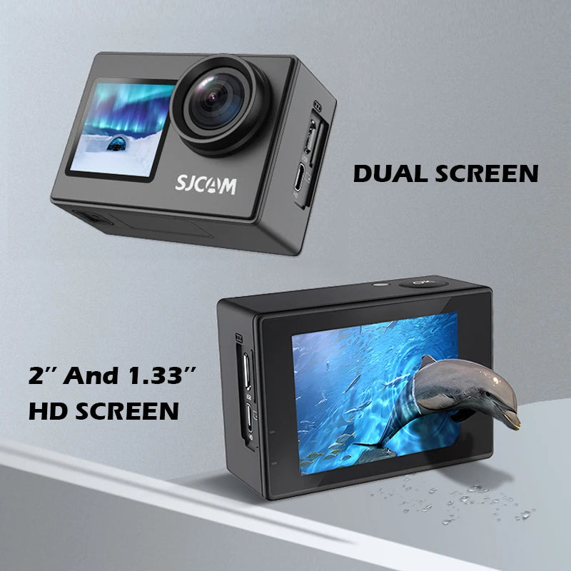 SJCAM SJ4000 Dual Screen 4K 30fps Action Camera 2.0" Rear + 1.3" Front Screen 170° Wide-Angle 30M Waterproof 2.4G WiFi Anti-Shake Car Mode Loop Recording Sports Camera for Motorcycle Bicycle Helmet Diving