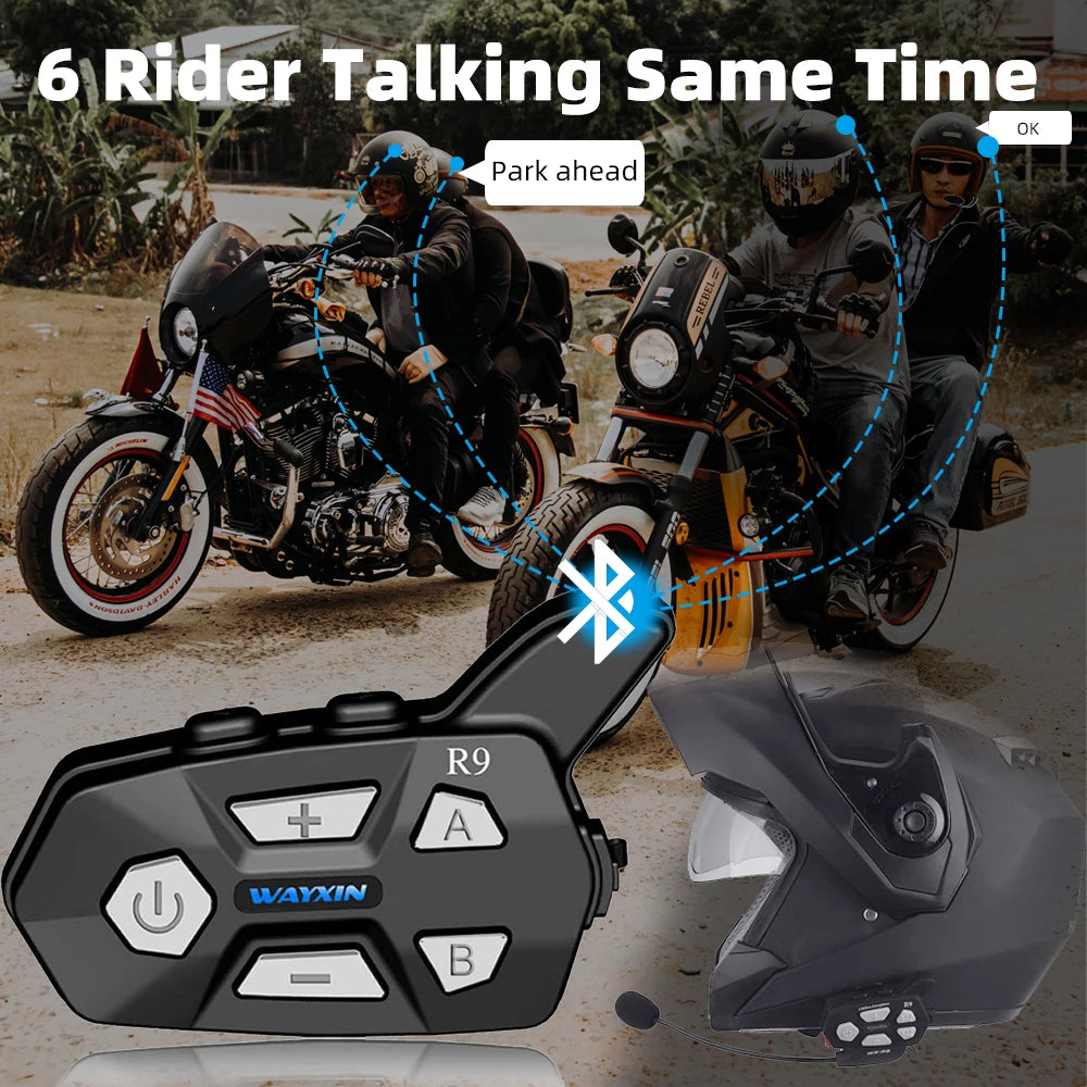 WAYXIN R9 Motorcycle Bluetooth Intercom – 6-Rider 1500m