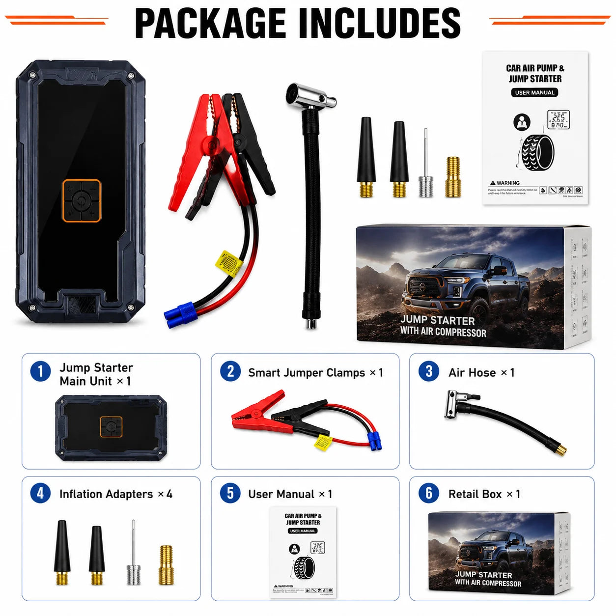 Rscrola Motorcycle Jump Starter 3000A with 150PSI Air Compressor Tyre Inflator Portable Power Bank LED Light 12V for Motorcycle SUV Truck