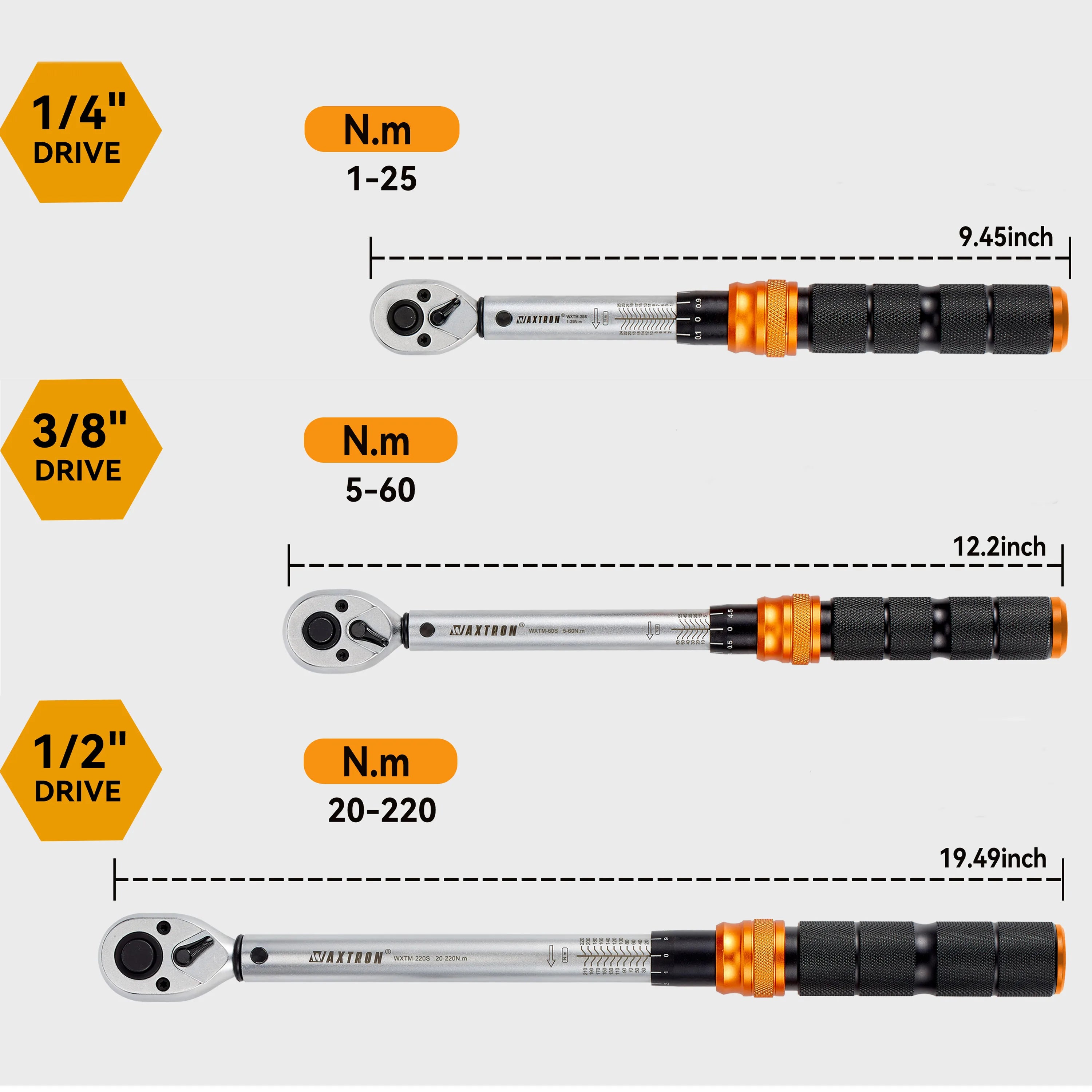 WAXTRON Click Torque Wrench – 1/4” / 3/8” / 1/2” – 1–220 Nm – 72-Tooth – ±3% – Chromium-Vanadium Steel – from $62