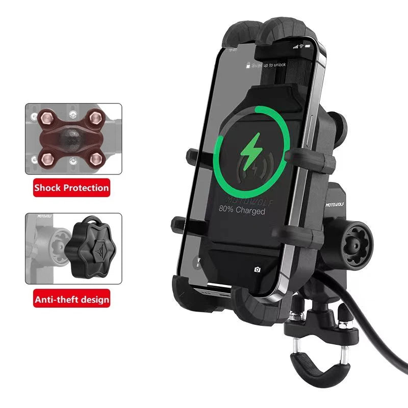 Motorcycle Wireless Charging Phone Mount – QC 3.0 Fast Charger GPS Handlebar Holder for 4–7" Phones