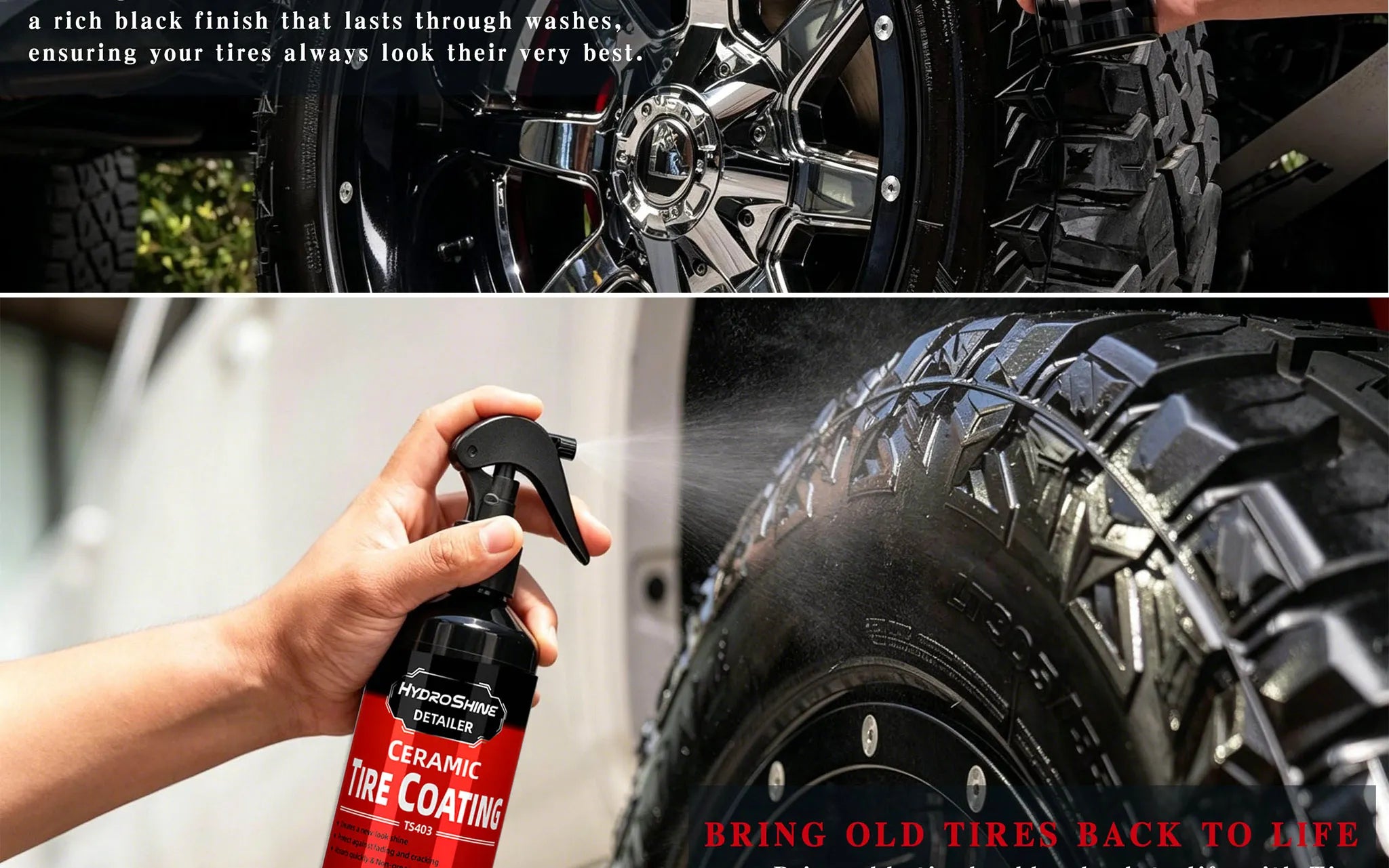 Hydroshine Ceramic Tire Coating Shine Spray – Tyre Gloss Plastic Rubber Restorer Hydrophobic Seal Wax – 50ml / 100ml / 300ml – $16–40
