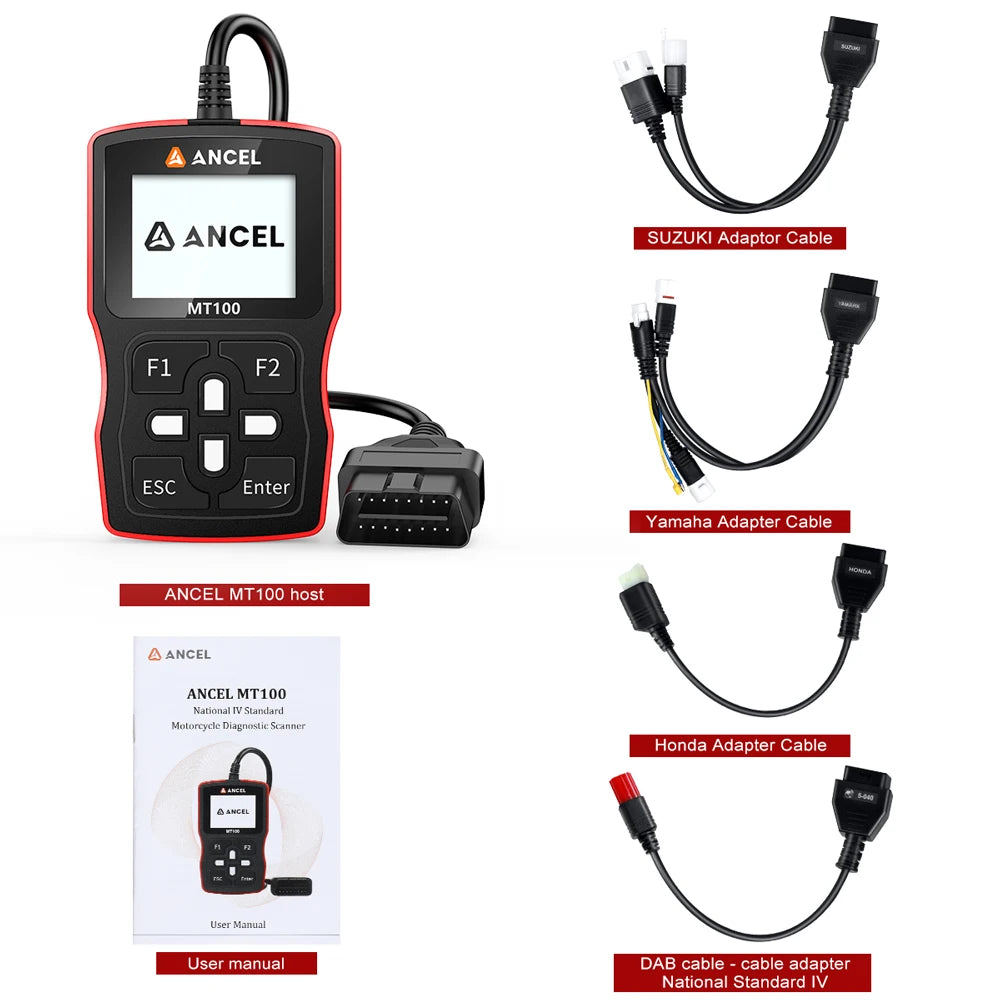 ANCEL MT100 Motorcycle OBD2 Scanner – Engine + ABS System – Yamaha Honda Suzuki – Wired Handheld – 2-Year Warranty – $138
