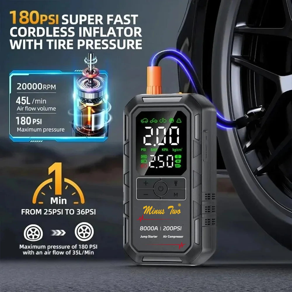 8000A Peak Car Jump Starter with 200PSI Air Compressors – Portable Emergency Battery Booster & Power Bank