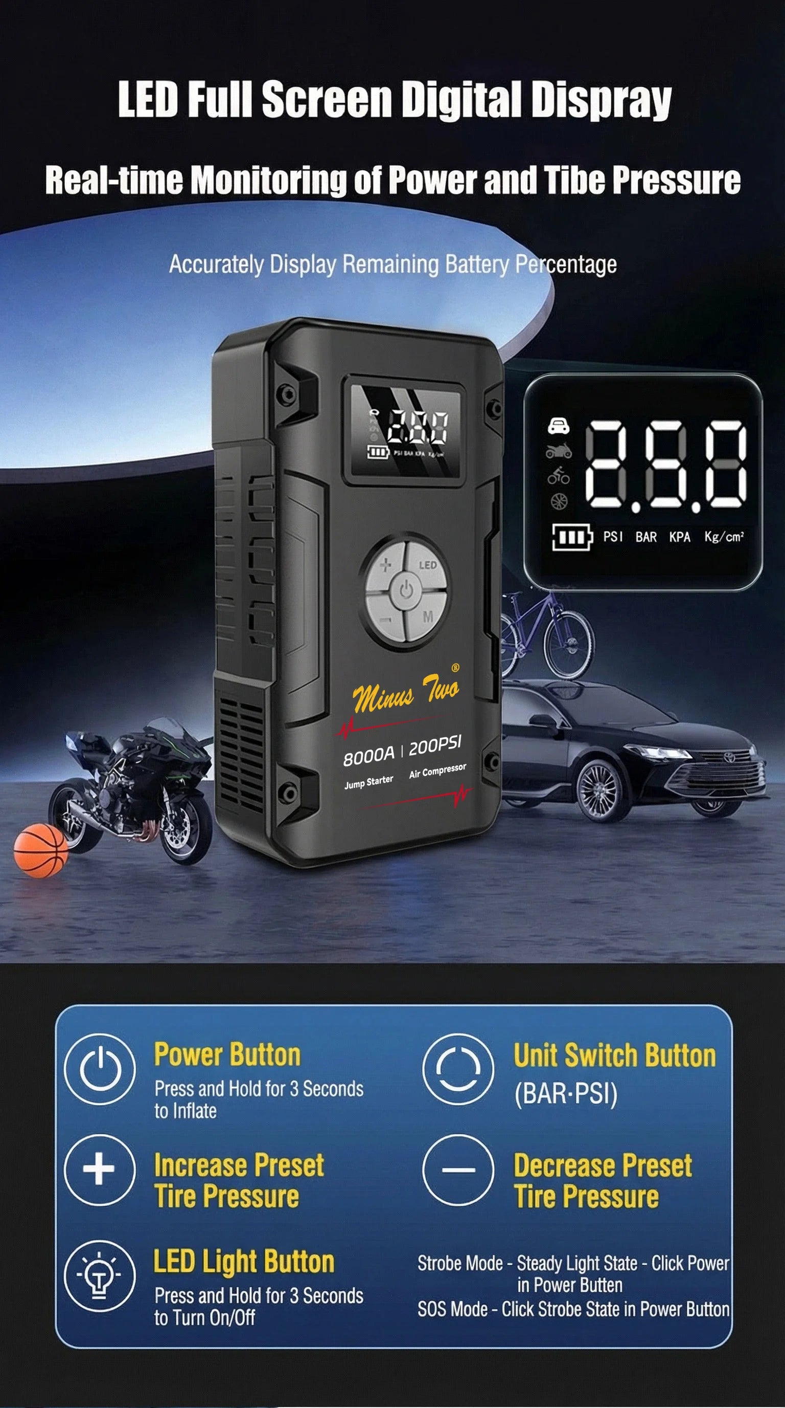 Motorcycle Jump Starter 8000A with 200PSI Air Compressor 4-in-1 Portable Power Bank Tyre Inflator Motorcycle Battery Booster Starting Device
