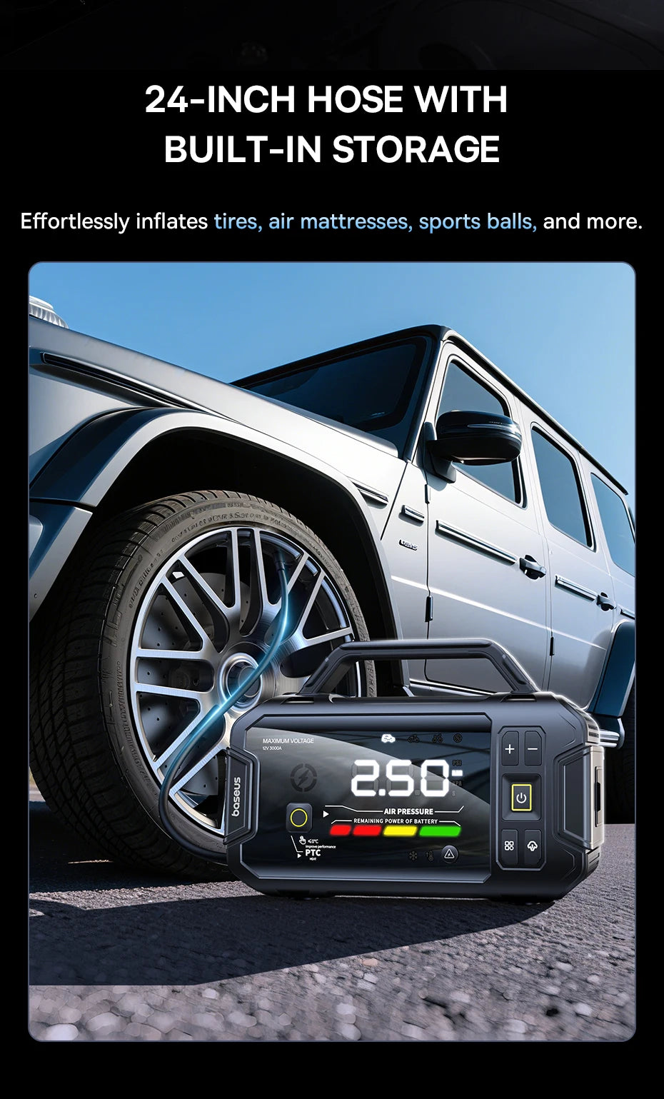 Baseus PrimeTrip VJ1 Motorcycle Jump Starter 3000A 4-in-1 with 150PSI Air Compressor 21600mAh Power Bank Patented PTC Heating LED Light