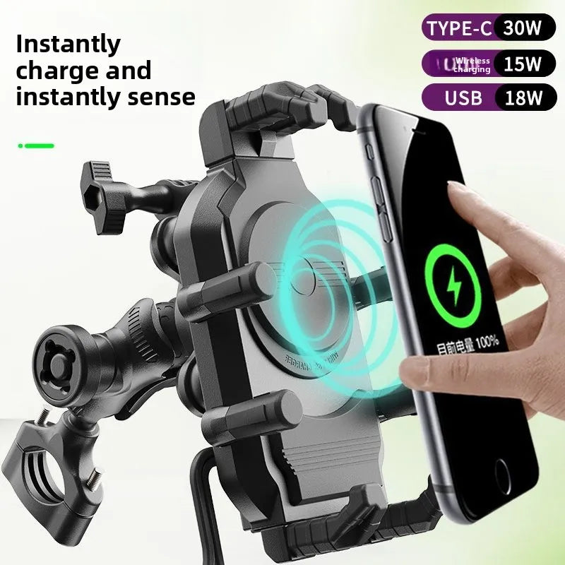 15W Fast Wireless Charging Motorcycle Phone Mount – Universal Shockproof Navigation Holder with QC3.0 Adapter