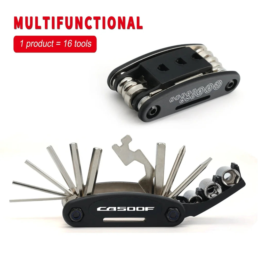 Honda CB500X / CB500F 16-Function Folding Multi-Tool – CNC Aluminum – Allen + Socket + Hex + Screwdriver + Spoke Wrench – $10