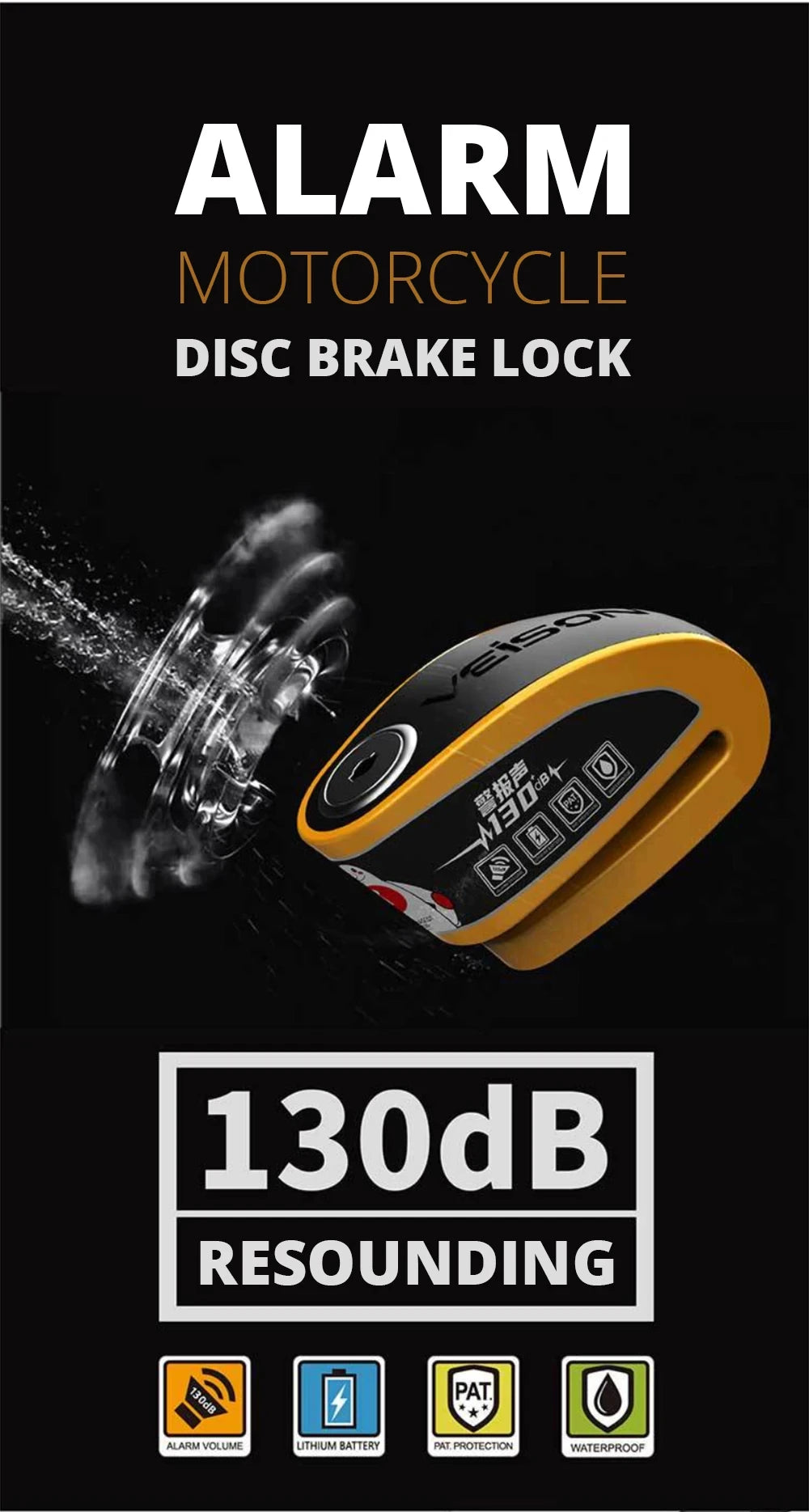 DX26 Motorcycle Waterproof Alarm Lock Bicycle Disc Lock Intelligent Controllable Alarm Disc Brake Lock Electric Car Lock – Stainless Steel – 0.5kg – Black Yellow Gold