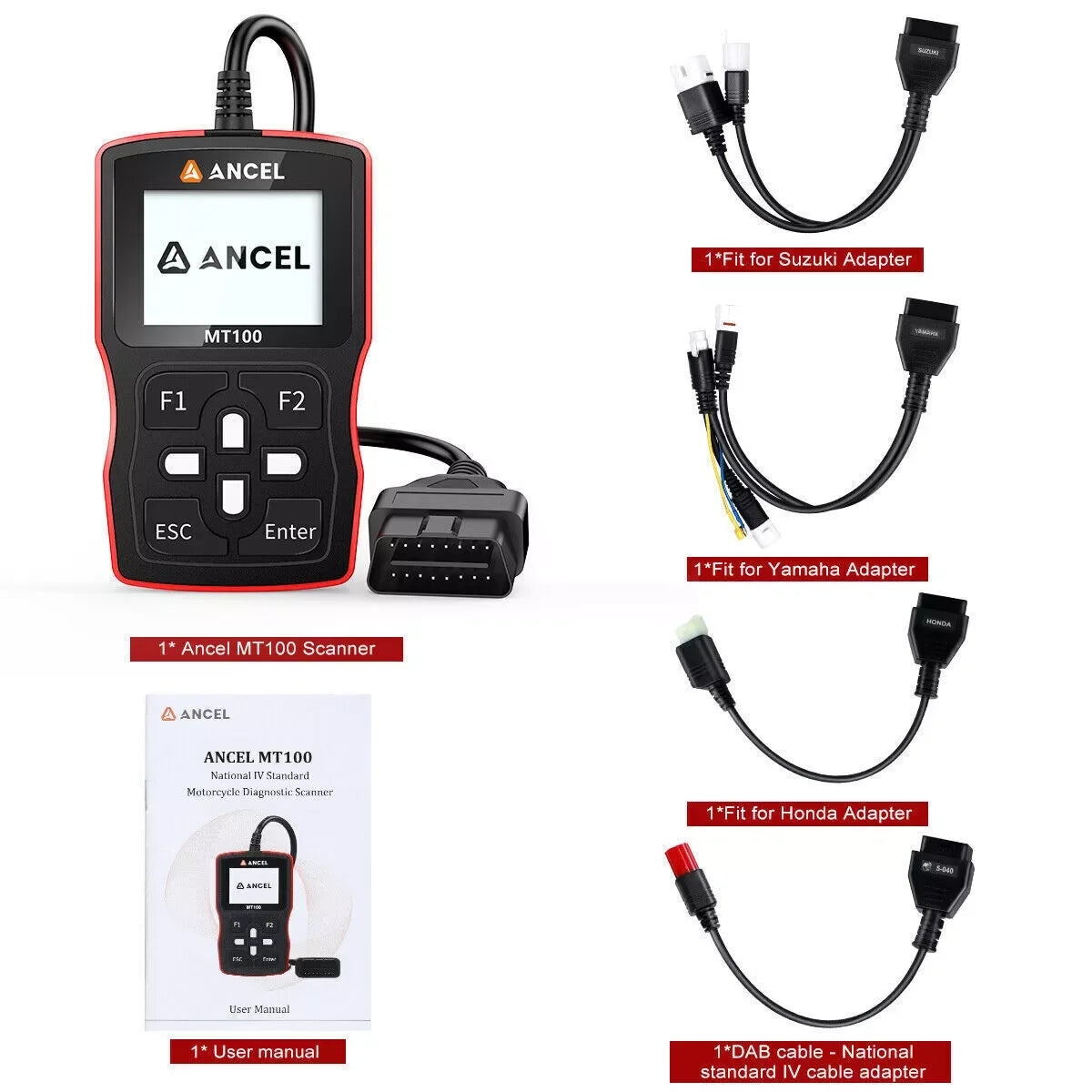 ANCEL MT100 Motorcycle OBD2 Scanner – Engine + ABS System – Yamaha Honda Suzuki – Wired Handheld – 2-Year Warranty – $138