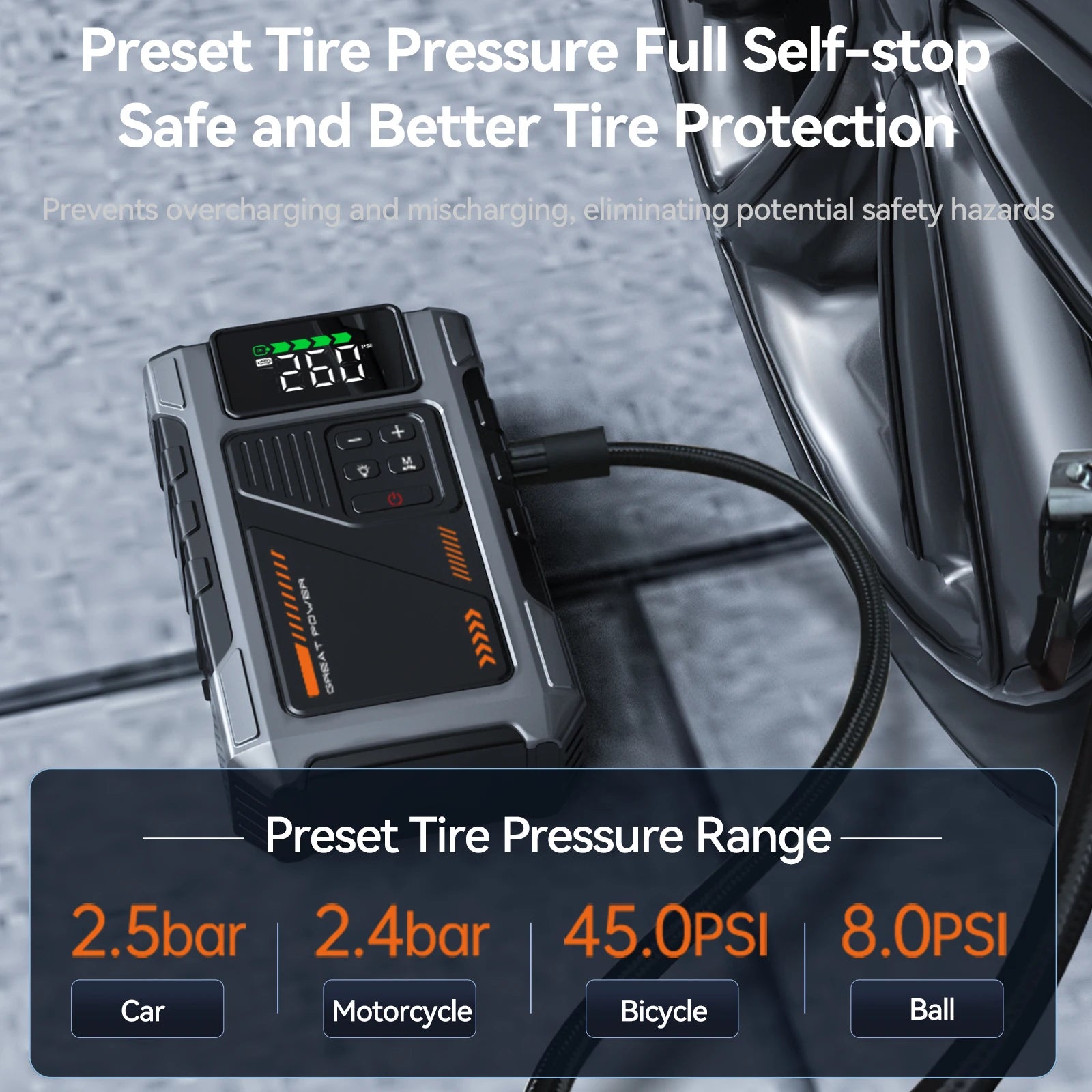 Motorcycle Jump Starter with Air Compressor 3000A Peak 150PSI Tyre Inflator Portable Battery Booster Pack with LED Light 12V