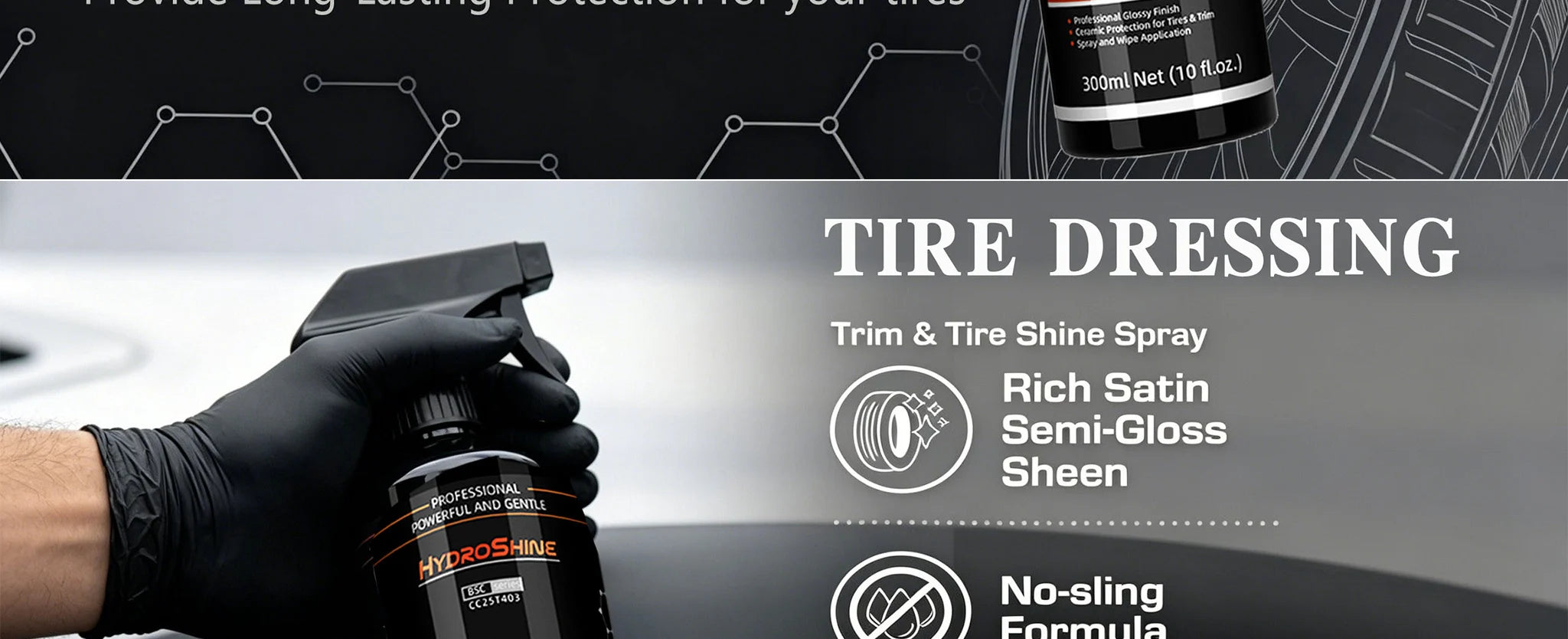 Hydroshine Ceramic Tire Dressing – Black Wet Look Tire Shine Deep Glossy Finish UV Protection Long-Lasting – 50ml / 100ml / 300ml – $14–35