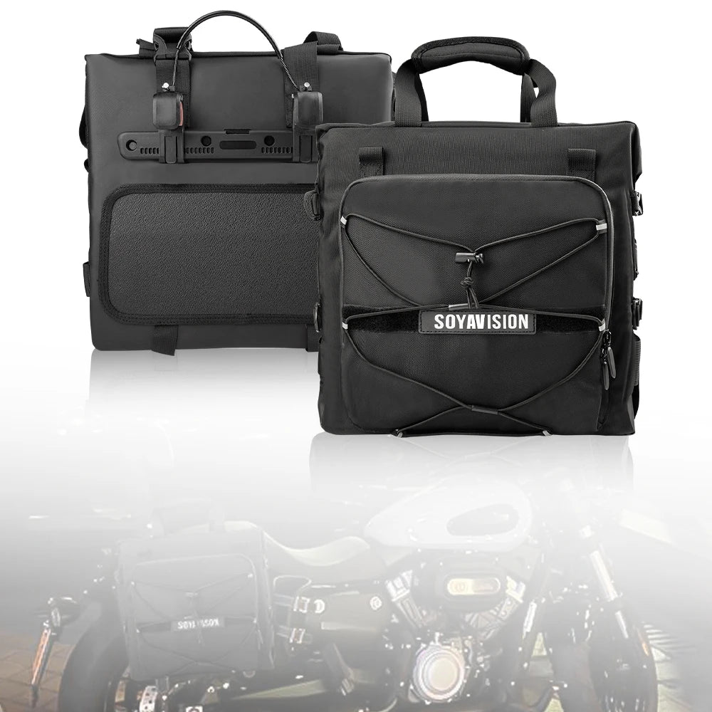 SOYAVISION Motorcycle Saddlebag Waterproof Side Bag 20L 500D Polyester Travel Motorbike Luggage Rear Seat Bag for BMW R1200GS ADV Kawasaki Yamaha Honda Suzuki – Black (1PC / 2PC)