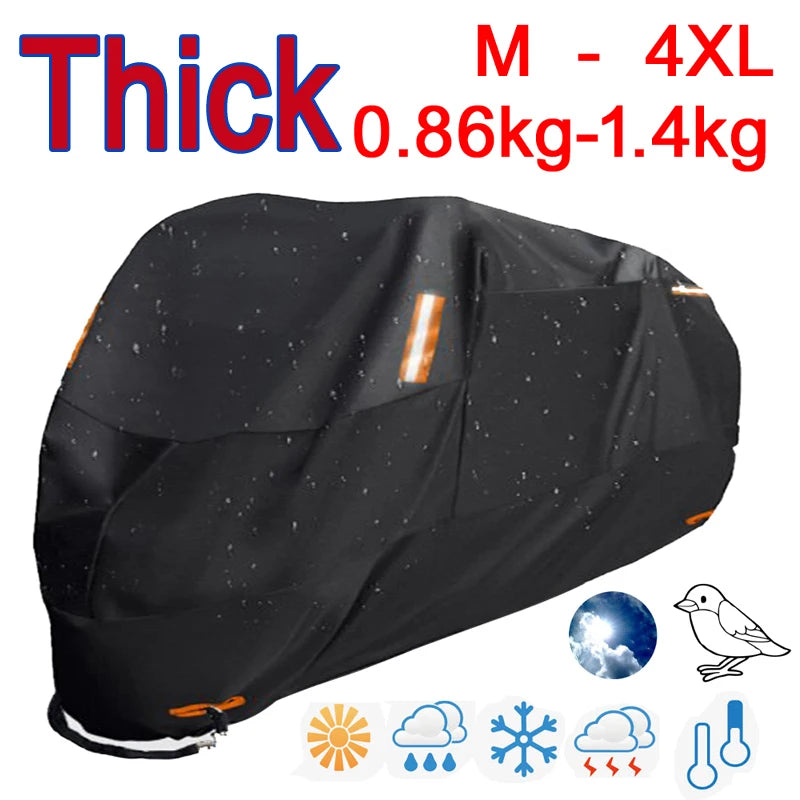 Thick 300D Motorcycle Covers Black Design Waterproof Motors Dust Rain Snow UV Protector Cover Indoor Outdoor M L XL XXL 3XL 4XL – 300D Polyester PU Silver Elasticized Hem + Reflective Stickers + Storage Bag