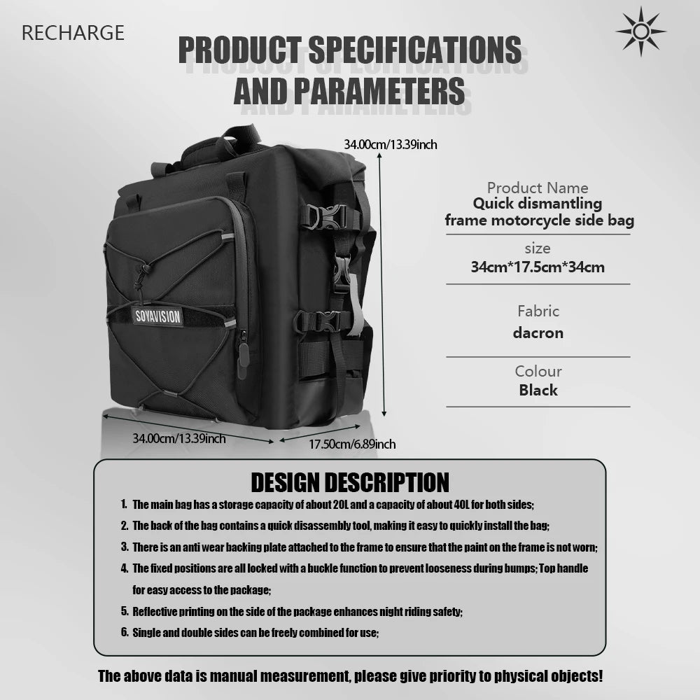 SOYAVISION Motorcycle Saddlebag Waterproof Side Bag 20L 500D Polyester Travel Motorbike Luggage Rear Seat Bag for BMW R1200GS ADV Kawasaki Yamaha Honda Suzuki – Black (1PC / 2PC)