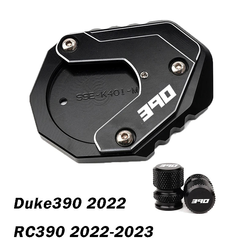 For KTM Duke390 RC390 390 Adventure Duke RC 390 Motorcycle CNC Kickstand Side Stand Enlarge Pad Extension Plate Tire Valve Caps – Aluminum Grey Black Orange Combo 1pcs 2pcs 3pcs