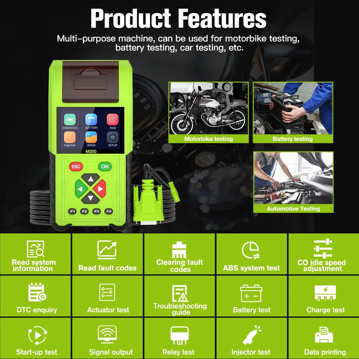 JDiag M200 Professional Motorcycle Diagnostic Scanner – Built-in Printer – 70+ Brands – Signal Simulator – Battery + Injector Test – $235–398