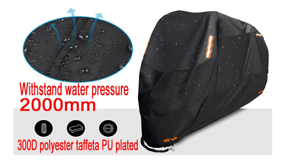 Thick 300D Motorcycle Covers Black Design Waterproof Motors Dust Rain Snow UV Protector Cover Indoor Outdoor M L XL XXL 3XL 4XL – 300D Polyester PU Silver Elasticized Hem + Reflective Stickers + Storage Bag