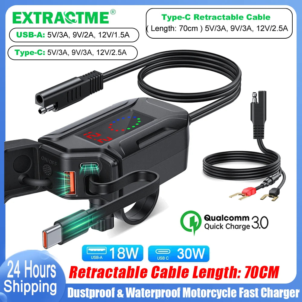 Extractme 12V–24V 3-Port Motorcycle Fast Charger – QC3.0, 30W PD & 18W USB-A Retractable IP65 Waterproof Charger