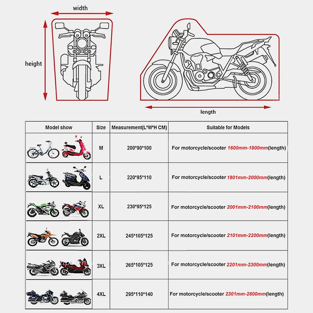 Waterproof Motorcycle Cover All Season Dustproof UV Protective Outdoor Indoor Scooter 190T Wear-Resistant Fabric Motorbike Cover – Polyester Taffeta PU Silver Coating Elasticized Hem M-4XL