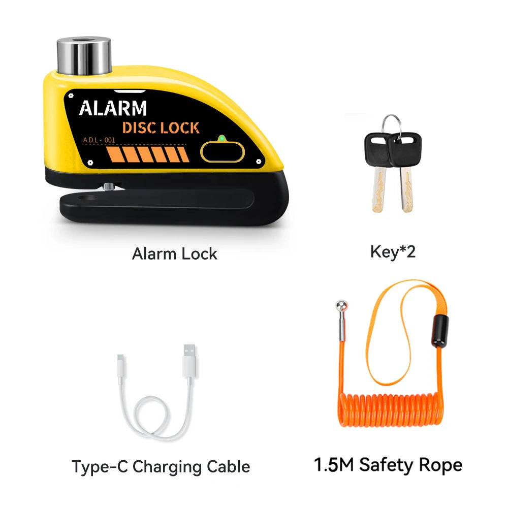 Extractme Motorcycle Alarm Disc Brake Lock 120dB Bicycle Wheel Disk Padlock Security Anti-Theft Lock Scooter – USB-C Rechargeable – 7mm – With or Without Rope – Red Black Blue Green Yellow