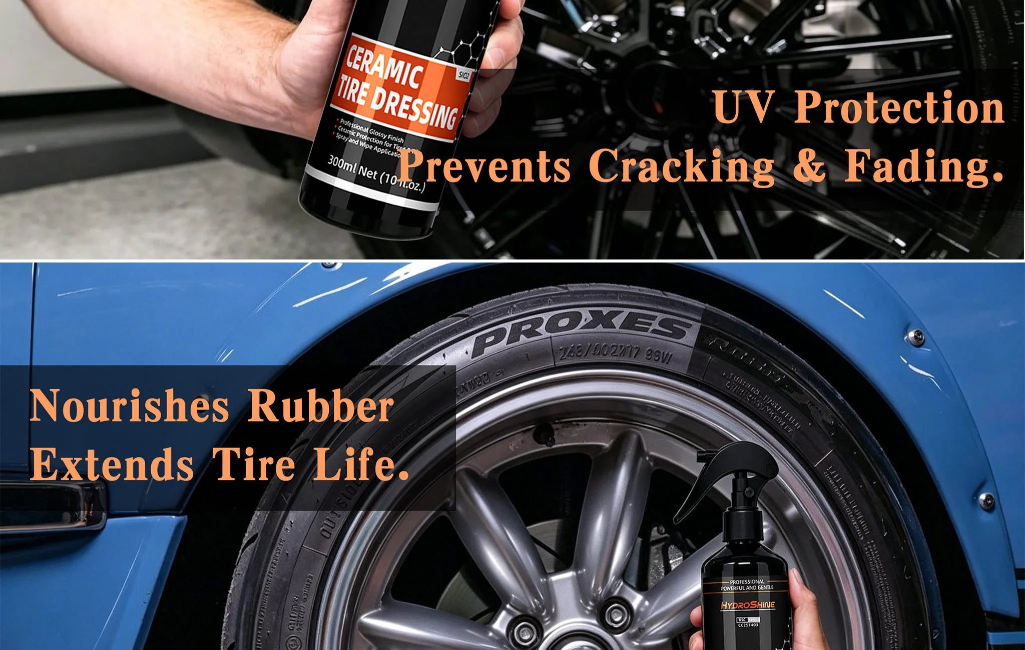 Hydroshine Ceramic Tire Dressing – Black Wet Look Tire Shine Deep Glossy Finish UV Protection Long-Lasting – 50ml / 100ml / 300ml – $14–35