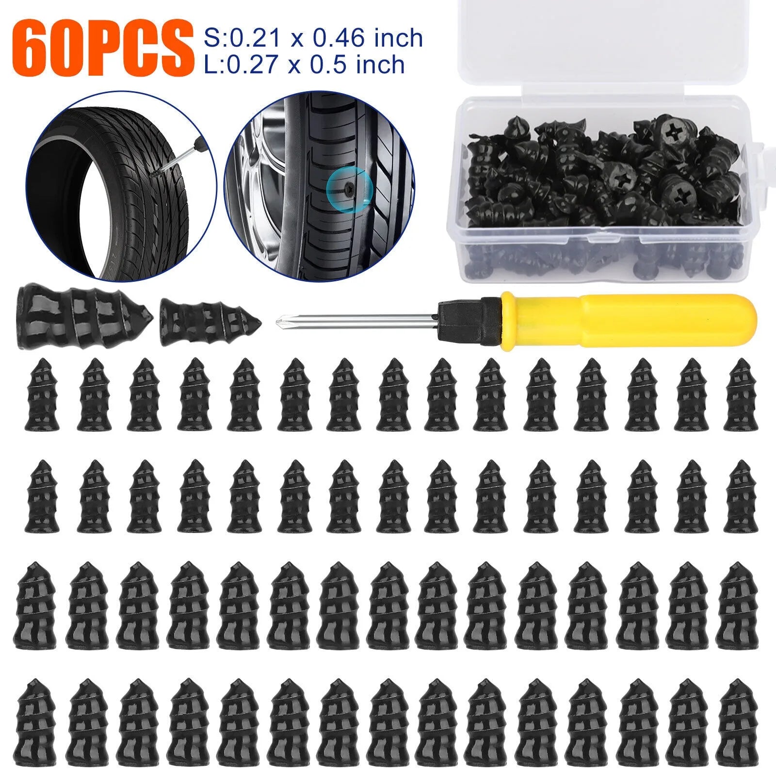 60pcs Rubber Screw Tire Repair Nails with Screwdriver and Storage Box – 2 Sizes – Car Motorcycle Truck Bike – $18