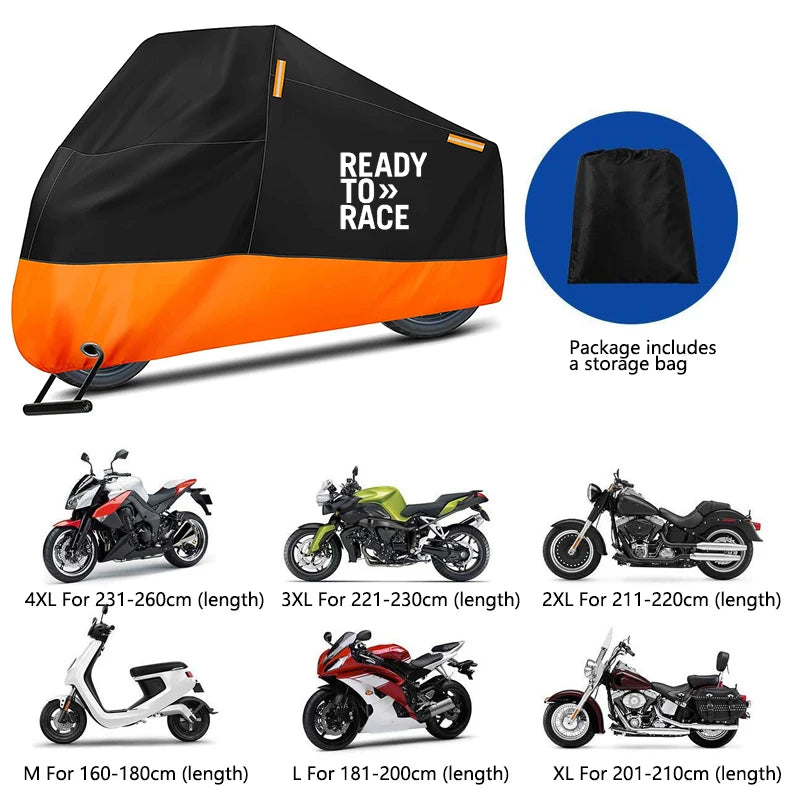 For KTM Ready to Race ADV Duke 390 690 790 890 1190 RC Motorcycle Cover Waterproof Outdoor Scooter UV Protector Dust Rain Cover – 210D Polyester Taffeta PU Silver Orange Elasticized Hem M-4XL