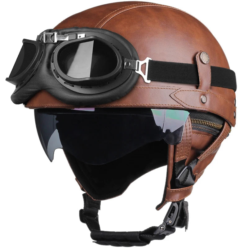 Half Helmets – Retro PU Leather Motorcycle Helmet, HD Visor, All-Season Scooter Helmet for Men & Women