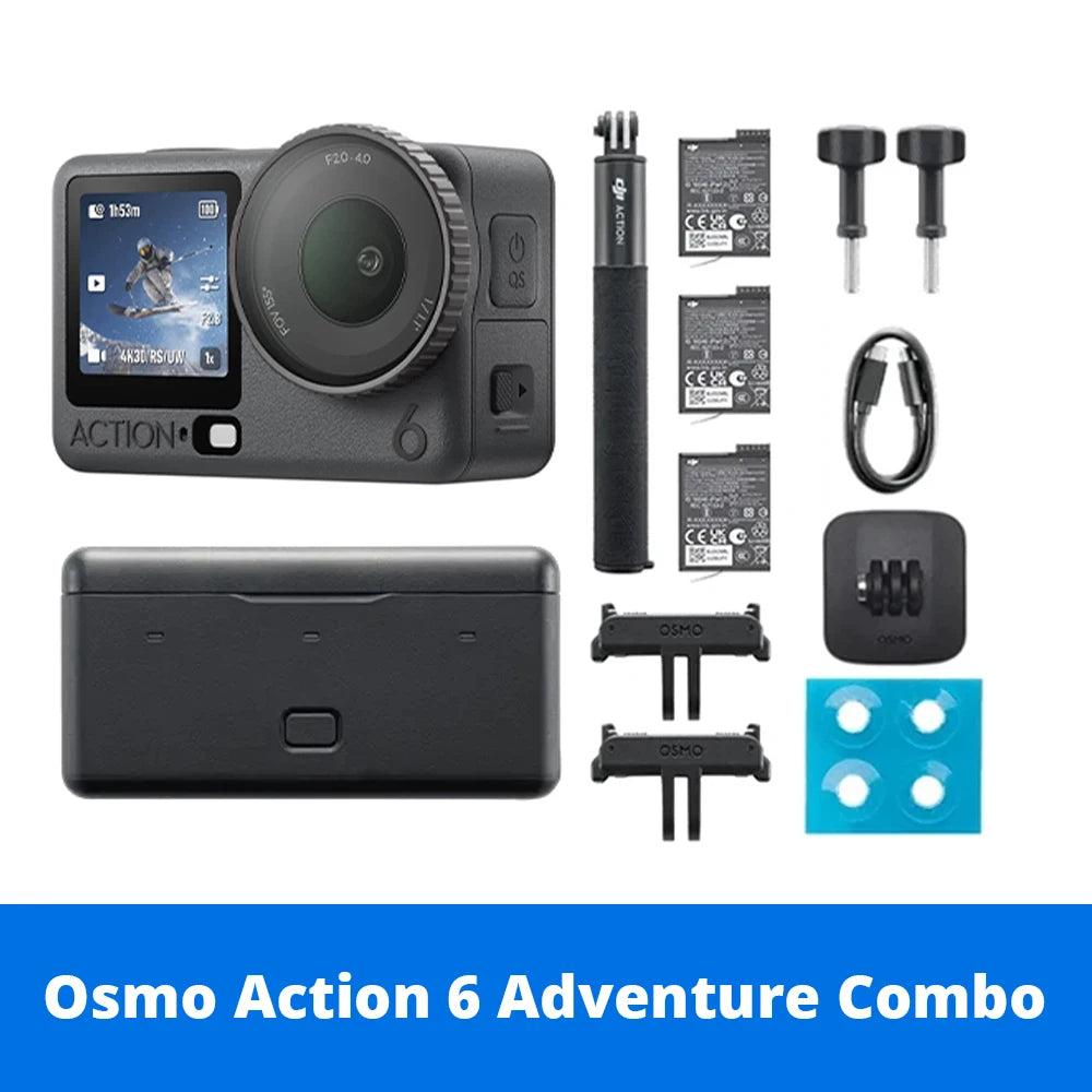 DJI Osmo Action 6 Adventure Combo 8K Waterproof Action Camera Variable Aperture f/2.0 HorizonSteady 360° 20m Underwater 50GB Built-in Storage Dual Mic Gesture Voice Control for Travel Motorcycle Vlog