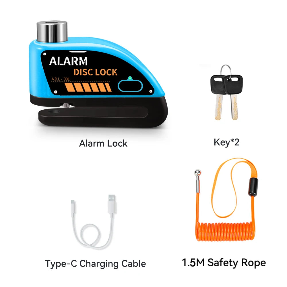 Extractme Motorcycle Alarm Disc Brake Lock 120dB Bicycle Wheel Disk Padlock Security Anti-Theft Lock Scooter – USB-C Rechargeable – 7mm – With or Without Rope – Red Black Blue Green Yellow