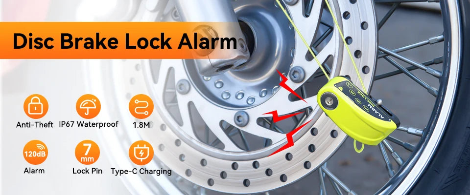 Extractme Motorcycle Alarm Disc Brake Lock 120dB Bicycle Wheel Disk Padlock Security Anti-Theft Lock Scooter – USB-C Rechargeable – 7mm – With or Without Rope – Red Black Blue Green Yellow