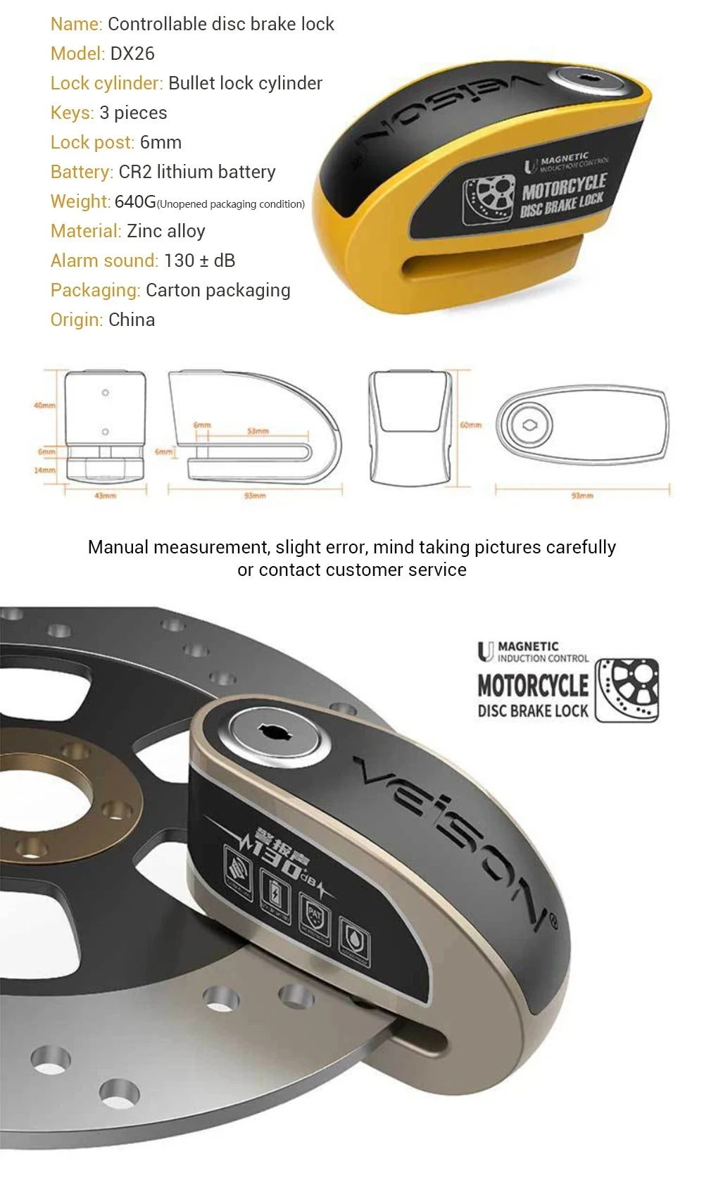 DX26 Motorcycle Waterproof Alarm Lock Bicycle Disc Lock Intelligent Controllable Alarm Disc Brake Lock Electric Car Lock – Stainless Steel – 0.5kg – Black Yellow Gold