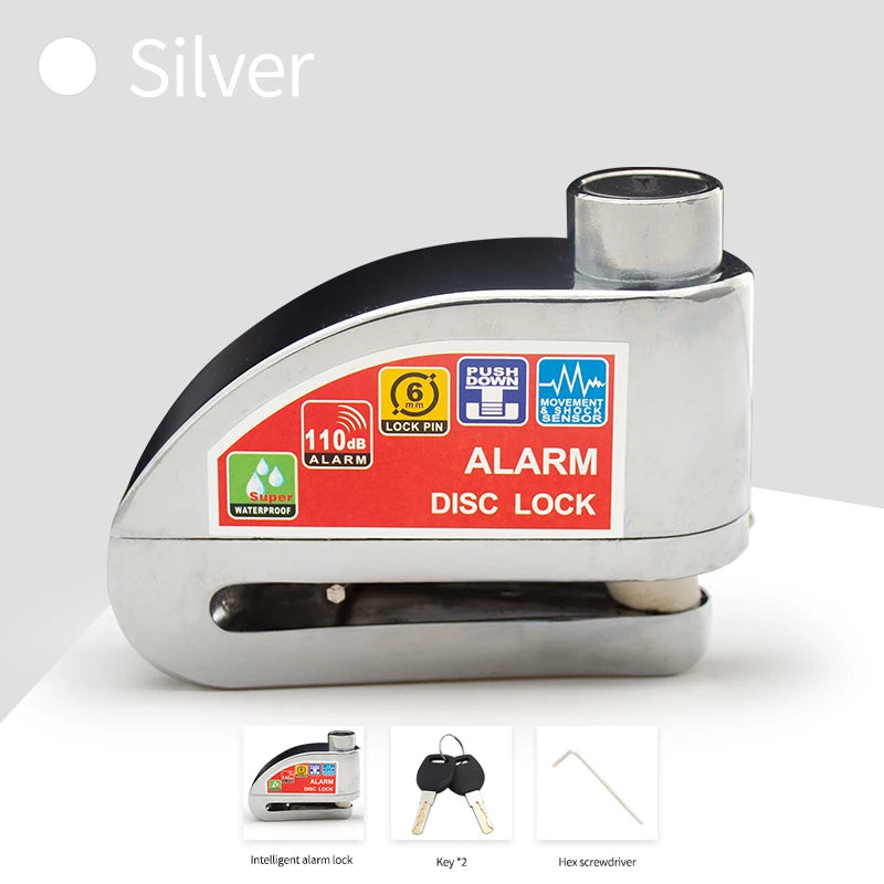 Motorcycle Bicycle Lock Alarm Safety Protection Padlock Disc Aluminum Alloy Anti-Theft Reminder Rope Lock Bag Motorcycle Accessories – Vibration Alarm Key Lock Black Silver Red