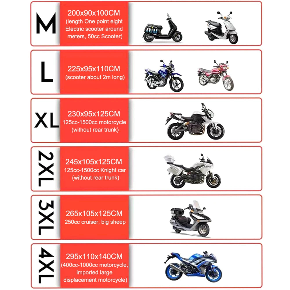Universal Motorcycle Cover All Season Waterproof Outdoor Protection Against Dust Debris Rain Weather M-XXXXL 210D Oxford Cloth – Black Foldable with Buckle Strap