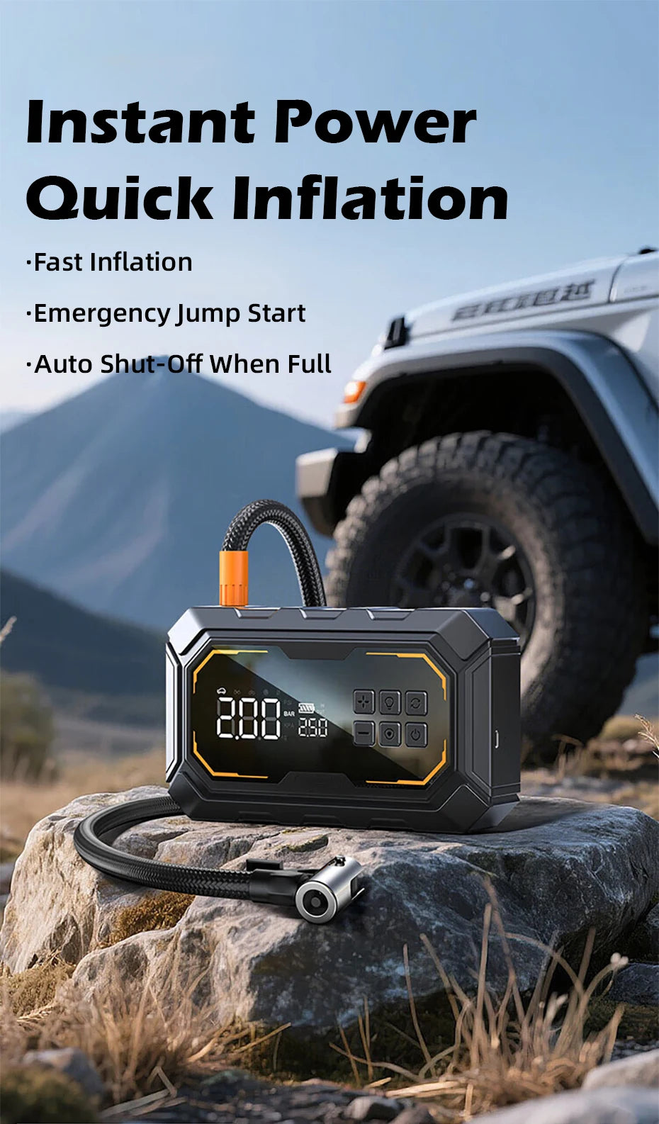 Motorcycle Jump Starter with Air Compressor 150PSI Tyre Inflator 4-in-1 Emergency Battery Booster Power Bank LED Flashlight 12V