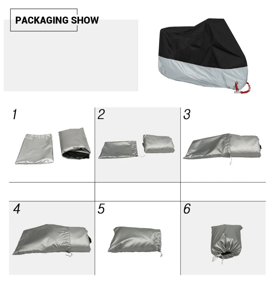 Waterproof Motorcycle Cover All Season Dustproof UV Protective Outdoor Indoor Scooter 190T Wear-Resistant Fabric Motorbike Cover – Polyester Taffeta PU Silver Coating Elasticized Hem M-4XL
