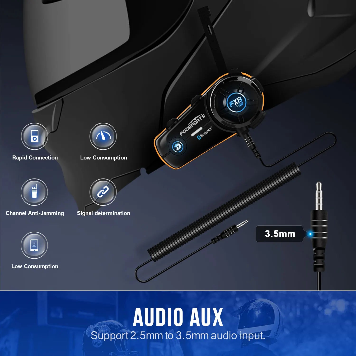 Fodsports FX8 Pro Motorcycle Bluetooth Intercom – 10-Rider Group Communication