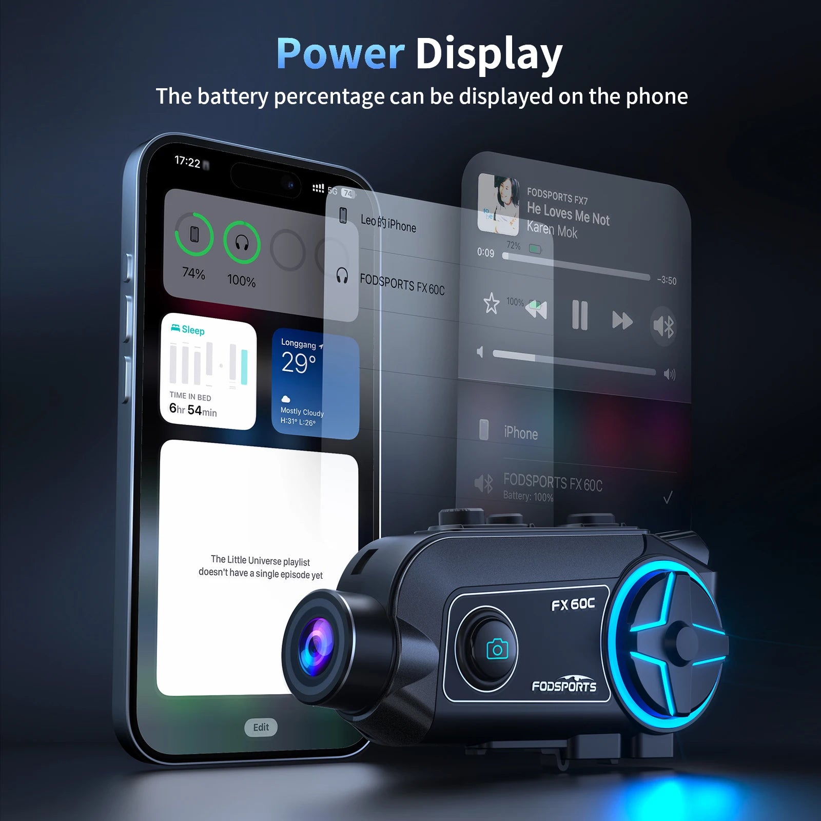 Fodsports FX60C Motorcycle Bluetooth Intercom – 4K Camera & 10-Rider