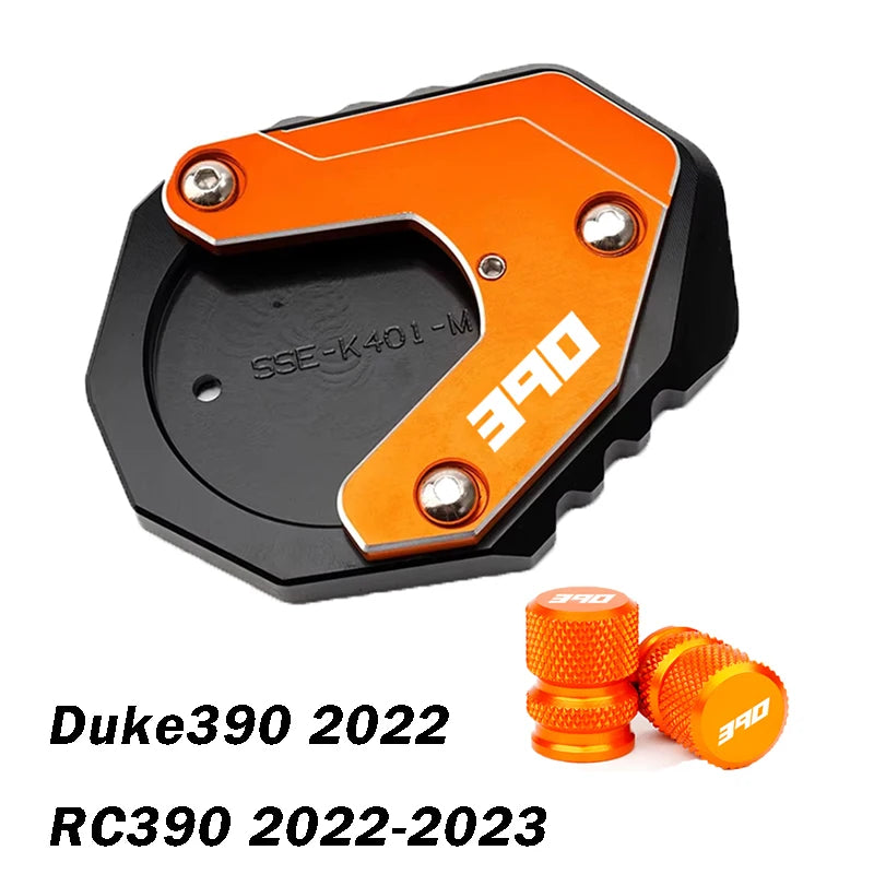For KTM Duke390 RC390 390 Adventure Duke RC 390 Motorcycle CNC Kickstand Side Stand Enlarge Pad Extension Plate Tire Valve Caps – Aluminum Grey Black Orange Combo 1pcs 2pcs 3pcs